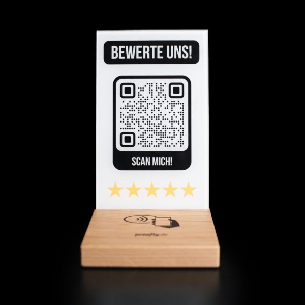 Aufsteller Google Bewertung aus Holz mit QR Code und NFC Chip