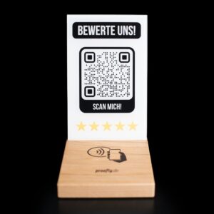 Google Bewertung Aufsteller mit NFC und QR-Code - aus Eichenholz - proofly.de