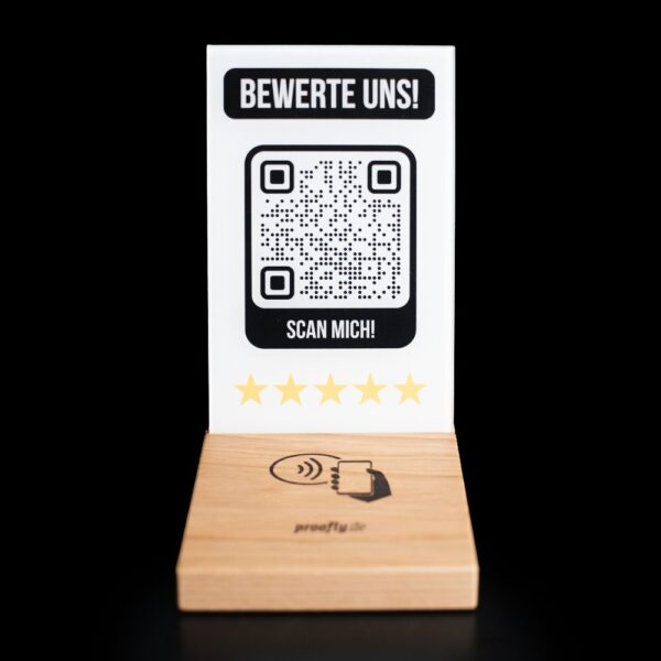 Google Bewertung Aufsteller mit NFC und QR-Code - aus Eichenholz - proofly.de