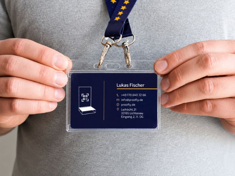 Proofly Bewertungskarte mit Schutzhülle und Umhängeband