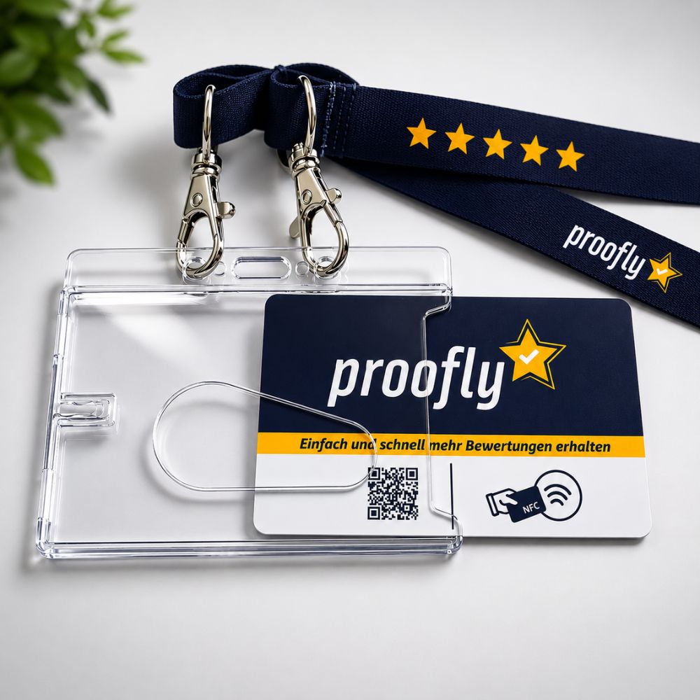 NFC-Bewertungskarte mit QR-Code - Proofly Card mit Hülle & Lanyard
