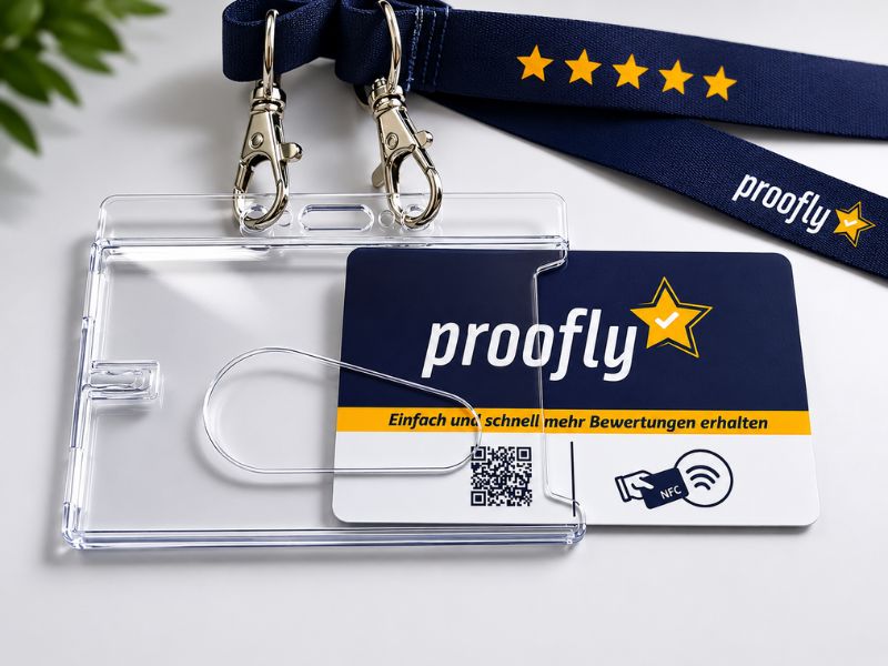 Proofly Bewertungskarte mit Schutzhülle und Umhängeband